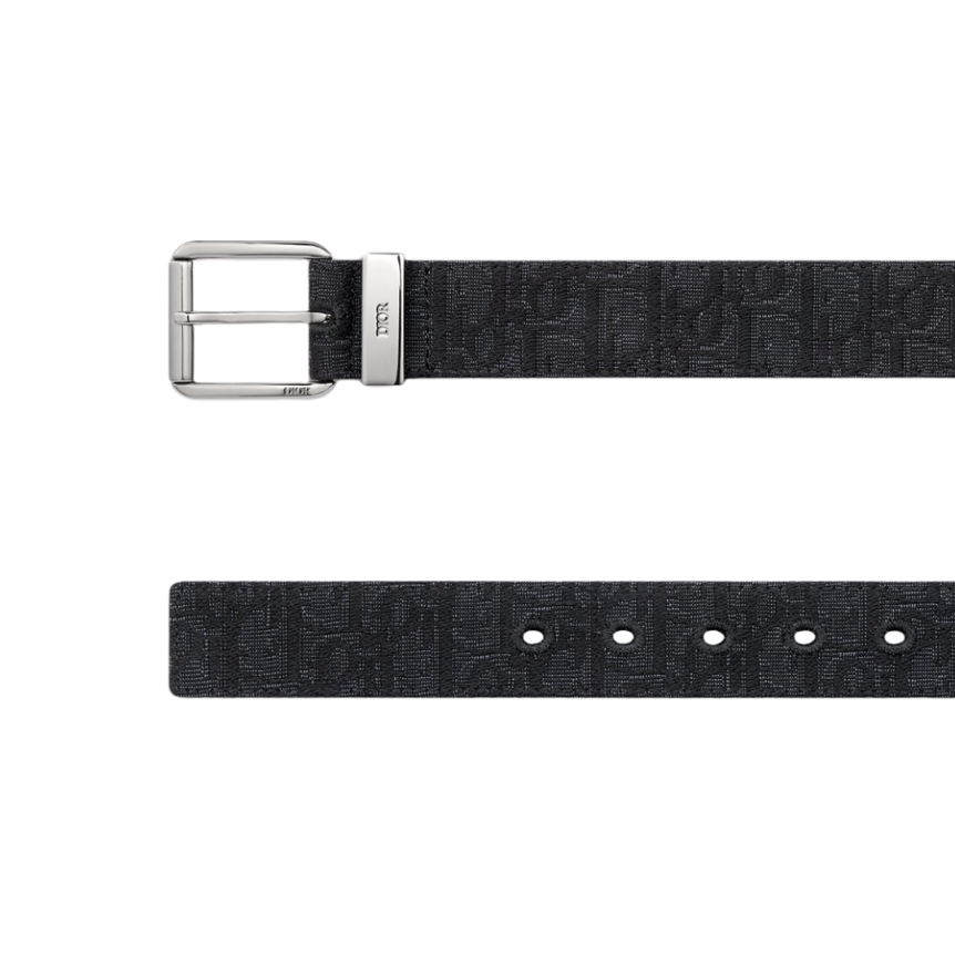 Ceinture toile jacquard Dior Oblique noir cuir veau grainé noir