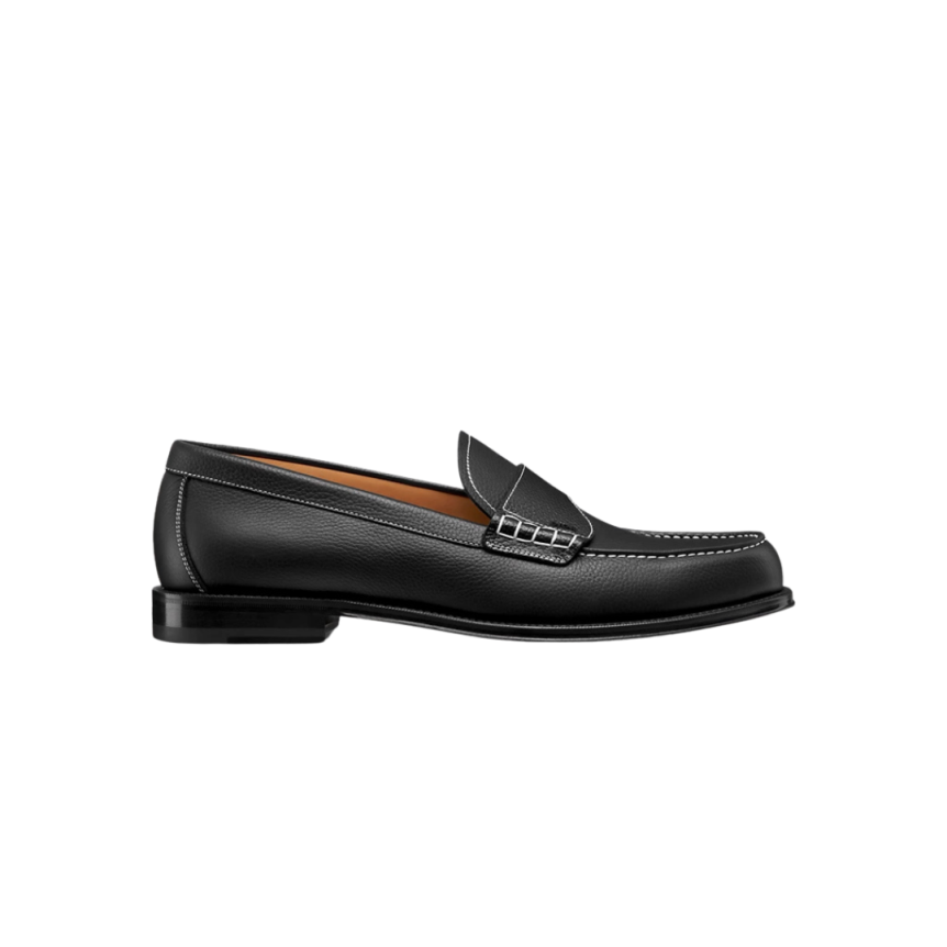 Mocassin DIOR Granville cuir grainé noir surpiqure blanc