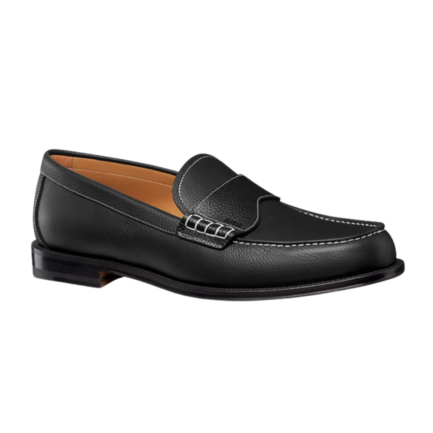 Mocassin DIOR Granville cuir grainé noir surpiqure blanc