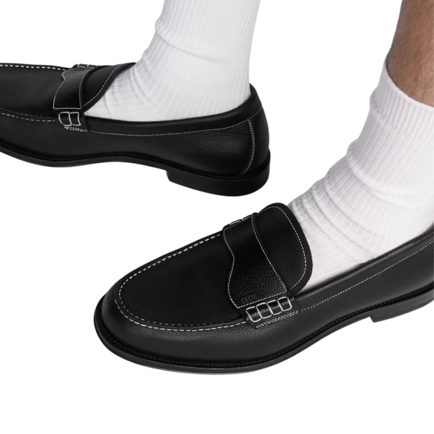 Mocassin DIOR Granville cuir grainé noir surpiqure blanc