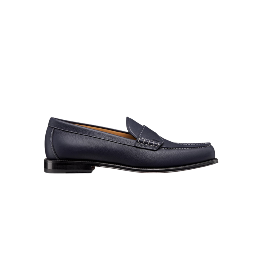 Mocassin DIOR Granville cuir grainé bleu surpiqure blanc