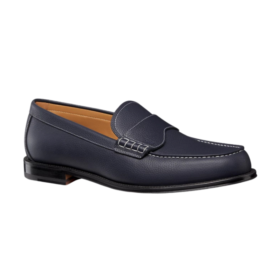 Mocassin DIOR Granville cuir grainé bleu surpiqure blanc