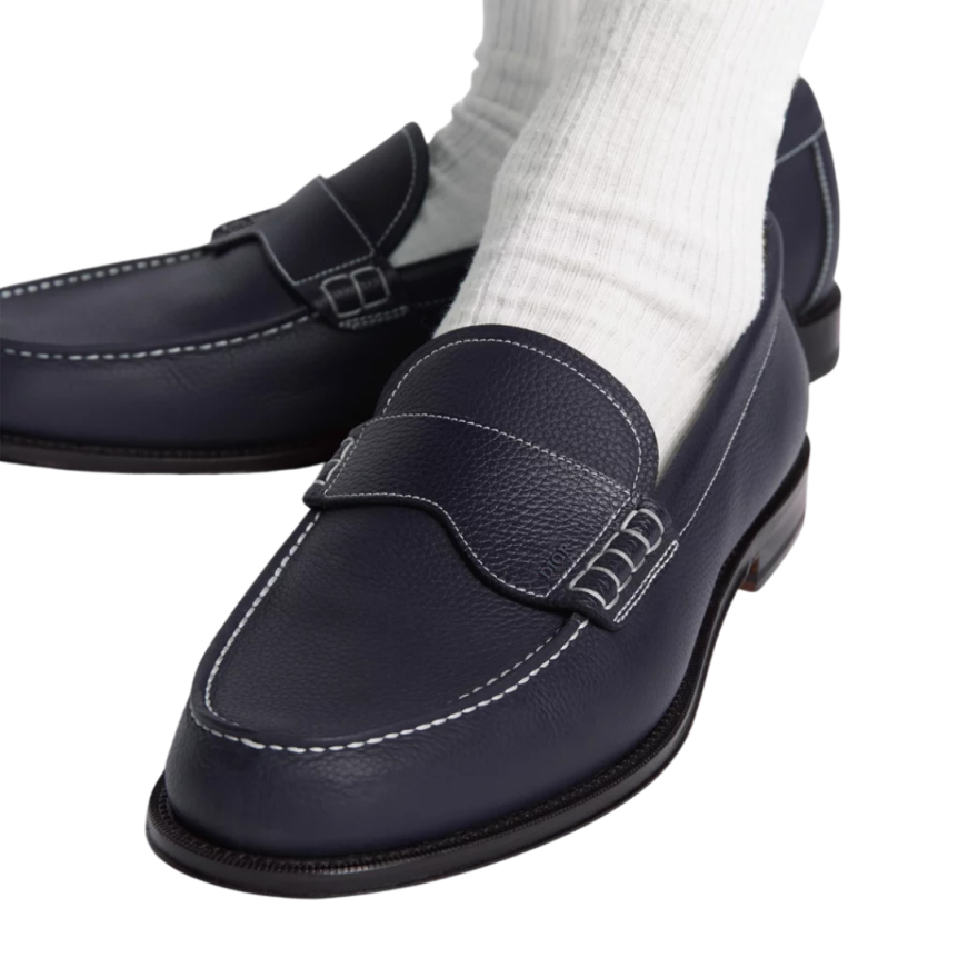 Mocassin DIOR Granville cuir grainé bleu surpiqure blanc