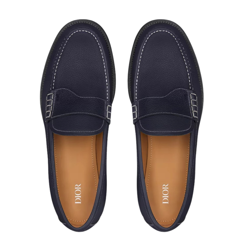 Mocassin DIOR Granville cuir grainé bleu surpiqure blanc