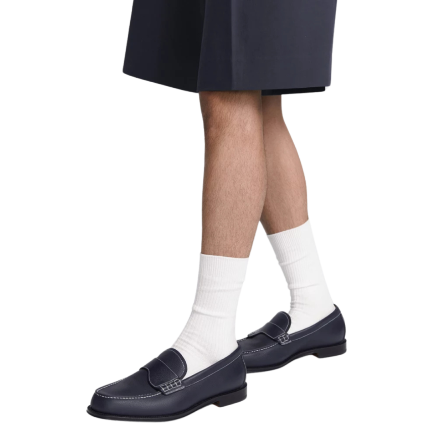 Mocassin DIOR Granville cuir grainé bleu surpiqure blanc