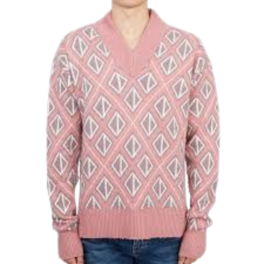 Pull col V cachemire laine rose losange multi CD