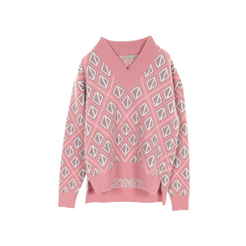 Pull col V cachemire laine rose losange multi CD