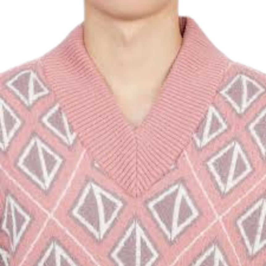 Pull col V cachemire laine rose losange multi CD