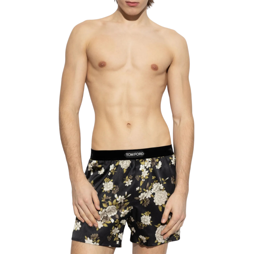 Boxer TOM FORD soie satin Fleurs Beige vert noir