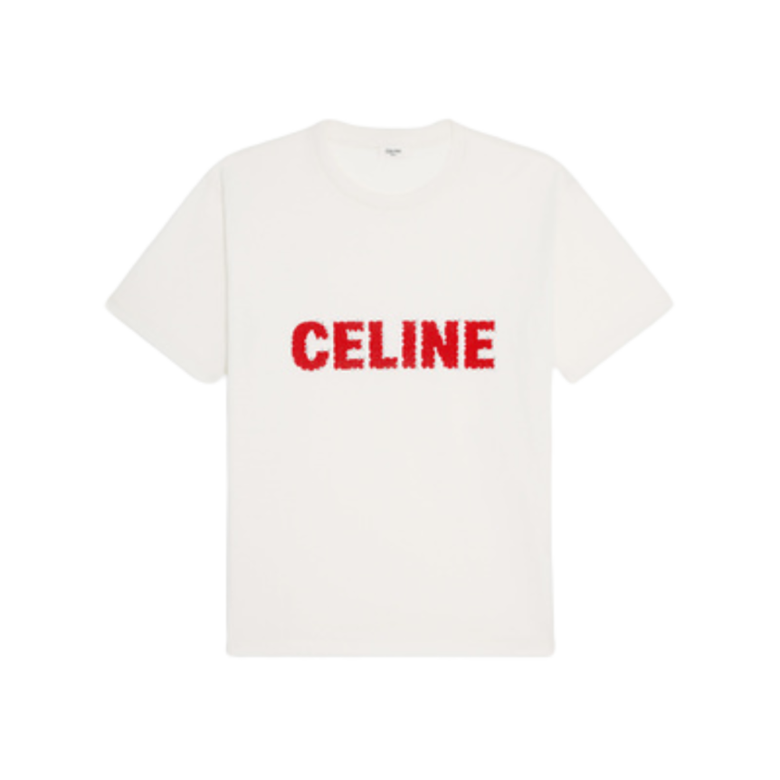 T-shirt col rond CELINE coton blanc logo rouge strass