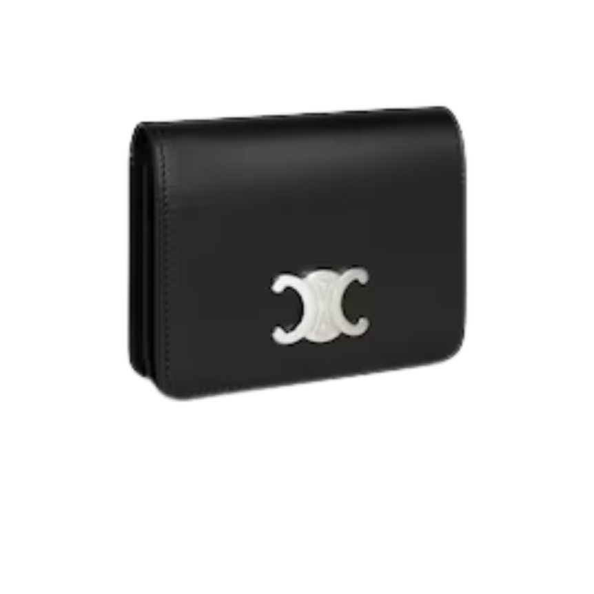 Portefeuille cartes CELINE compact cuir veau brillant noir Triomphe argent