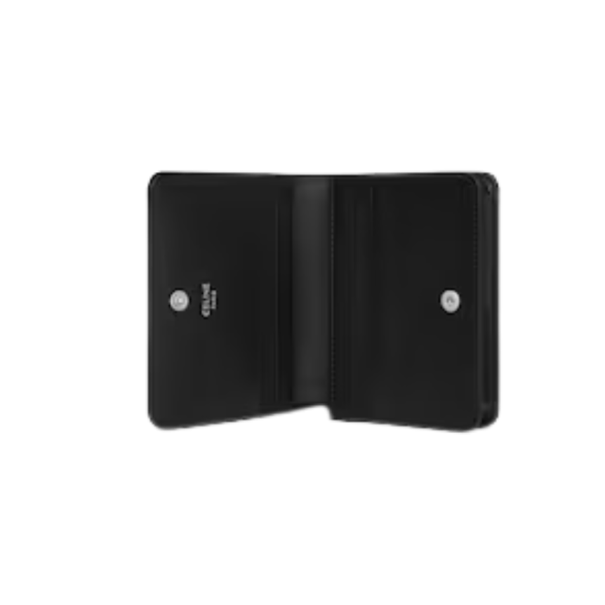 Portefeuille cartes CELINE compact cuir veau brillant noir Triomphe argent