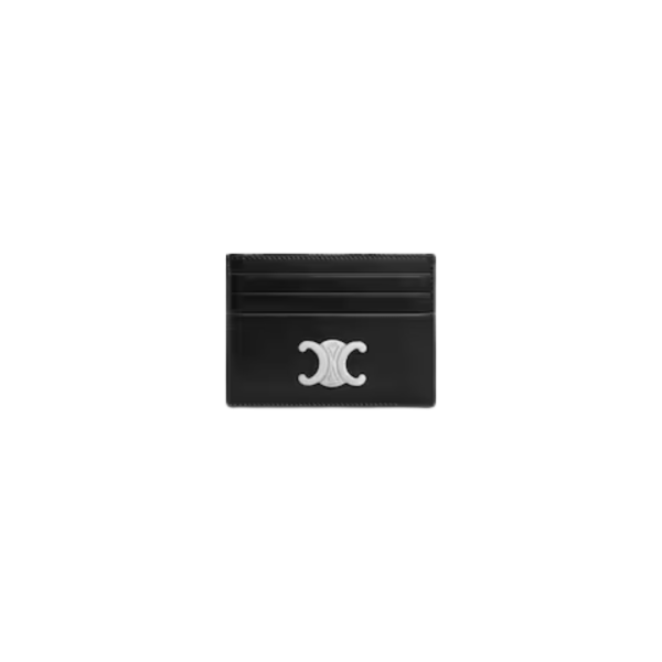 Porte cartes CELINE cuir veau brillant noir Triomphe argent