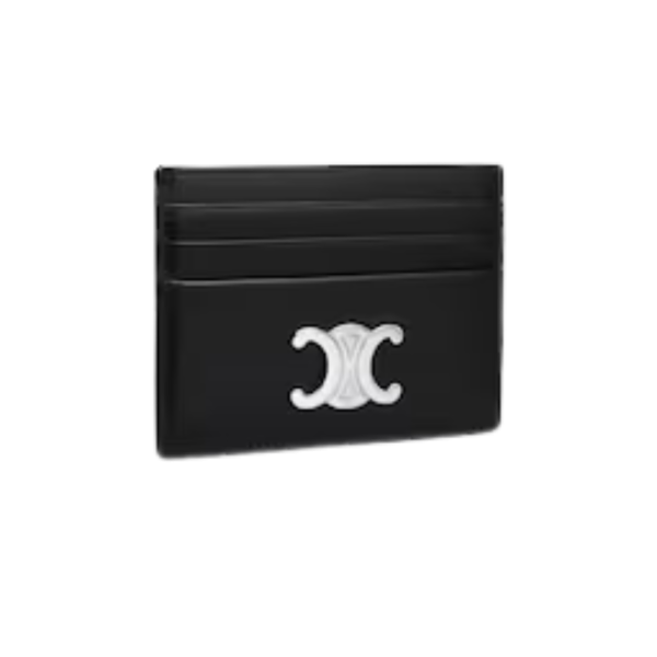 Porte cartes CELINE cuir veau brillant noir Triomphe argent