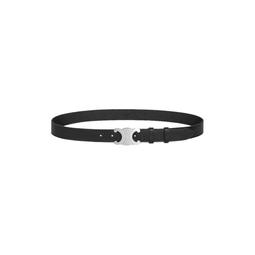 Ceinture CELINE cuir veau noir boucle Triomphe argent