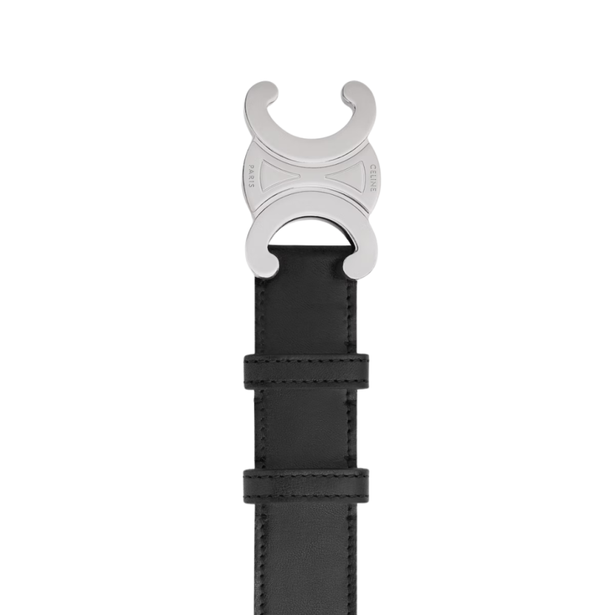 Ceinture CELINE cuir veau noir boucle Triomphe argent