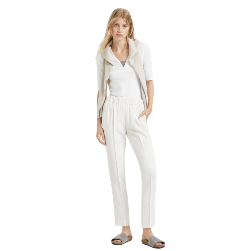 Pantalon coupe jogging BRUNELLO CUCINELLI crêpe cady soie et acétate écru