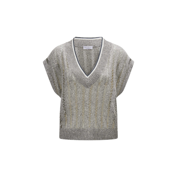 Pull col V BRUNELLO CUCINELLI maille Dazzling Ribbed Net lin gris sequins