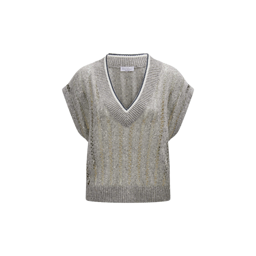 Pull col V BRUNELLO CUCINELLI maille Dazzling Ribbed Net lin gris sequins