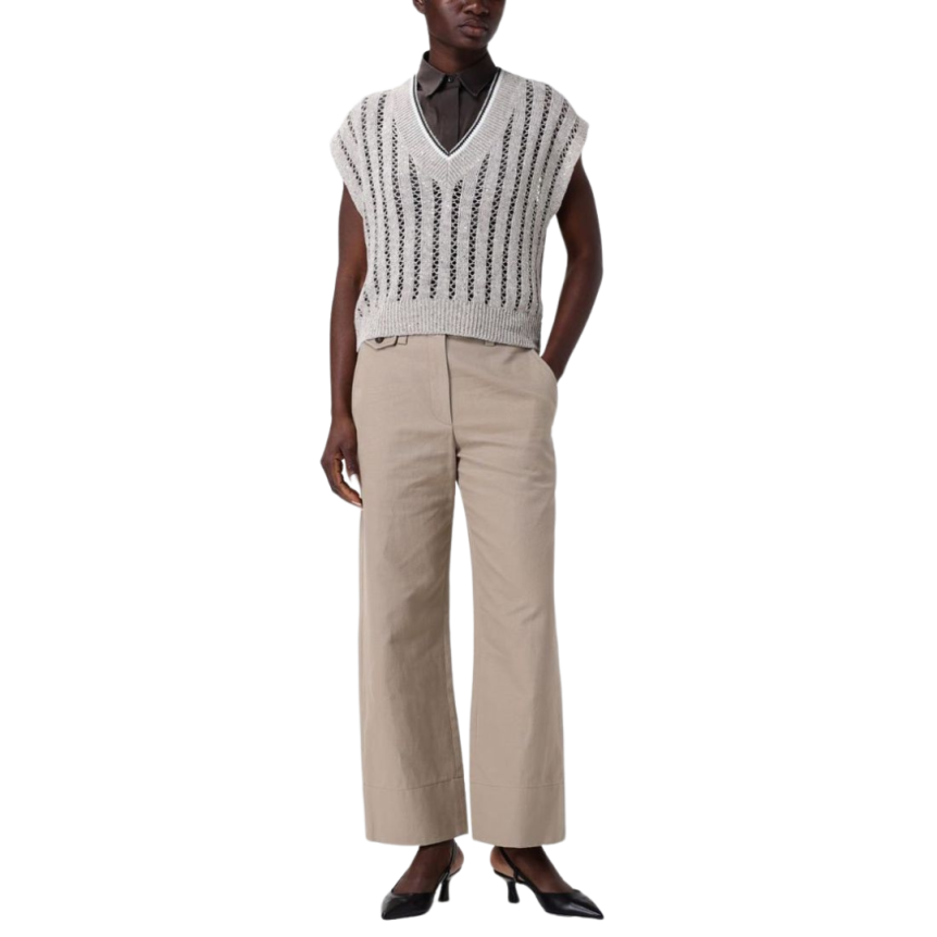 Pull col V BRUNELLO CUCINELLI maille Dazzling Ribbed Net lin gris sequins