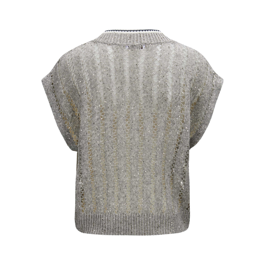 Pull col V BRUNELLO CUCINELLI maille Dazzling Ribbed Net lin gris sequins