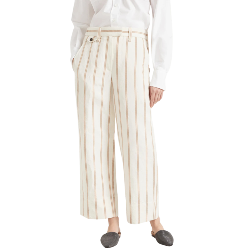 Pantalon chino BRUNELLO CUCINELLI crop lin coton ecru rayures marron