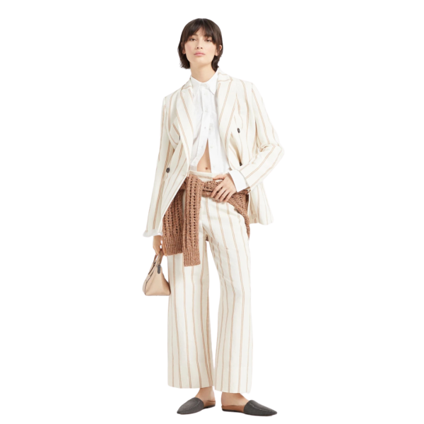 Pantalon chino BRUNELLO CUCINELLI crop lin coton ecru rayures marron