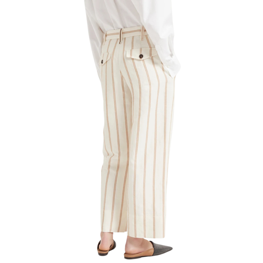 Pantalon chino BRUNELLO CUCINELLI crop lin coton ecru rayures marron