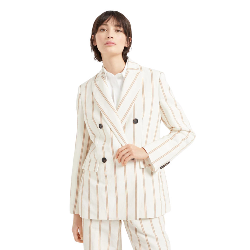 Veste croisée BRUNELLO CUCINELLI lin coton écru rayures marron Monile