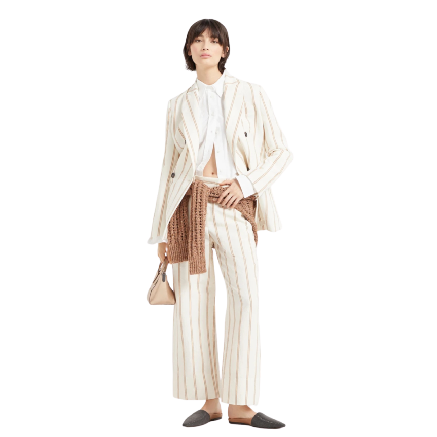 Veste croisée BRUNELLO CUCINELLI lin coton écru rayures marron Monile