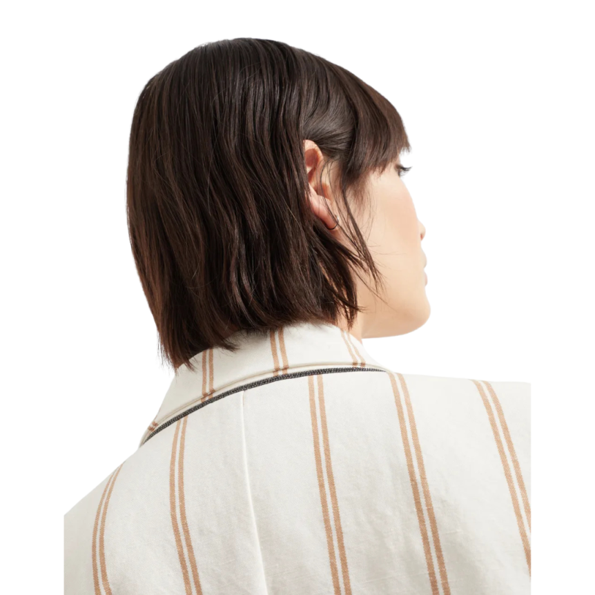 Veste croisée BRUNELLO CUCINELLI lin coton écru rayures marron Monile