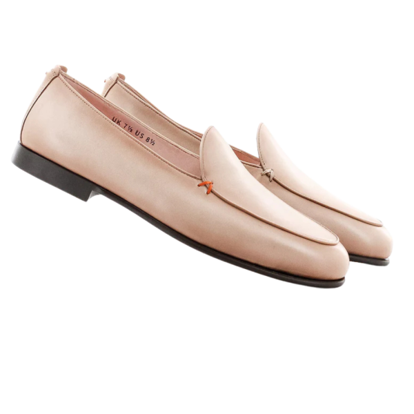 Mocassin souple SANTONI cuir lisse nude beige rosé surpiqures orange