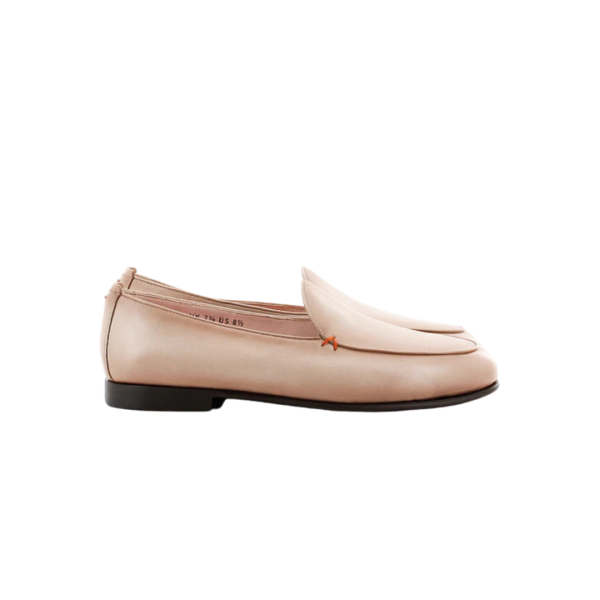 Mocassin souple SANTONI cuir lisse nude beige rosé surpiqures orange