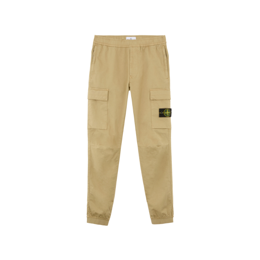 Pantalon cargo STONE ISLAND satin laine coton stretch camel bas elastique