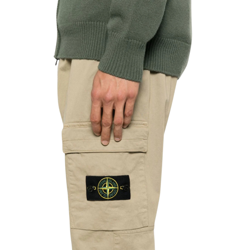 Pantalon cargo STONE ISLAND satin laine coton stretch camel bas elastique
