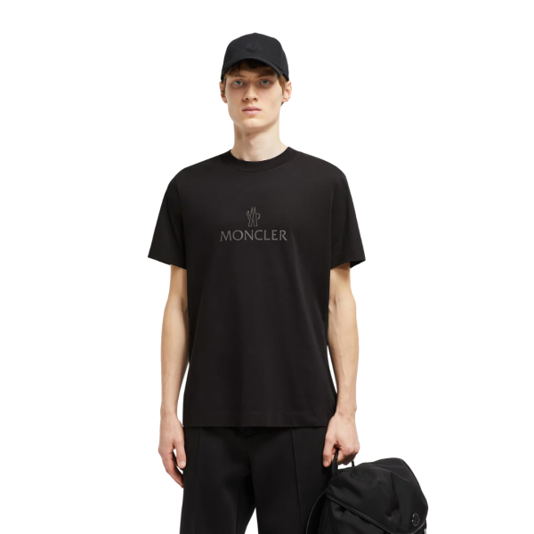 T-shirt MONCLER col rond coton noir logo réfléchissant patch gomme noir