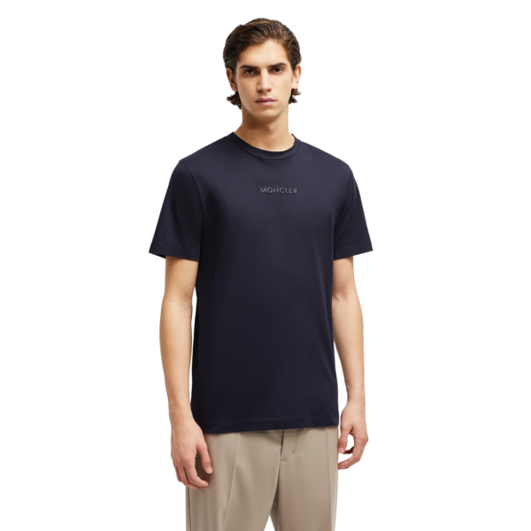 T-shirt col rond MONCLER coton bleu marine empiècement logo