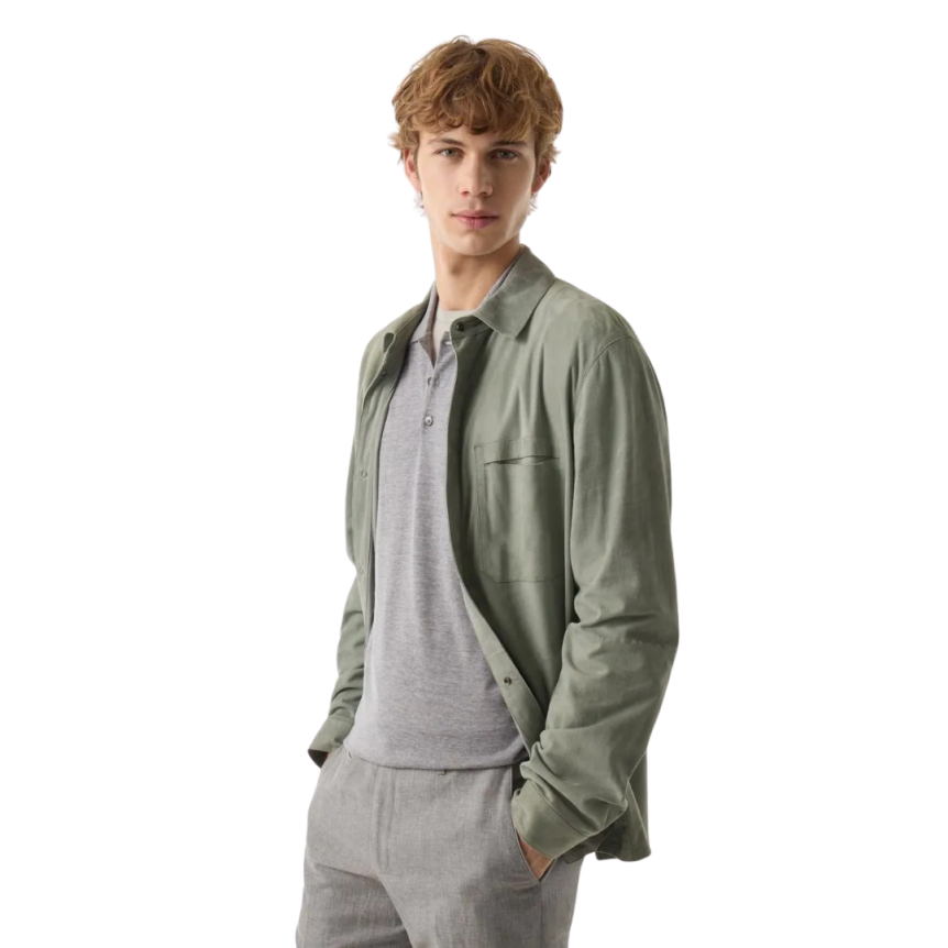 Blouson col chemise CORNELIANI daim crème poche poitrine