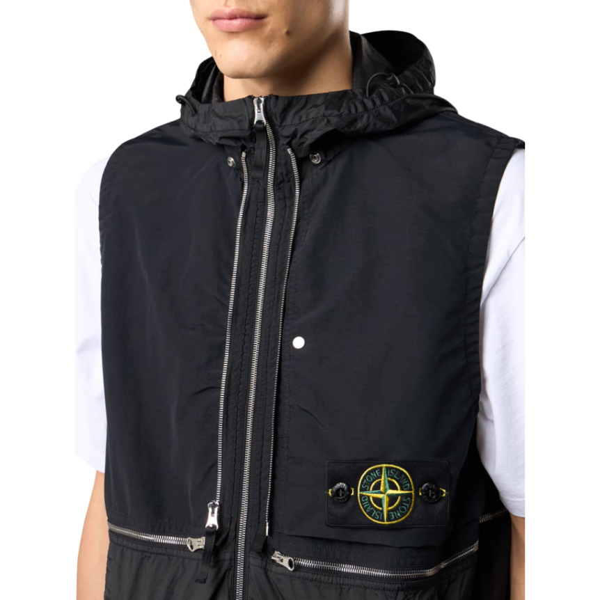 Blouson gilet capuche STONE ISLAND nylon noir métal Econyl® zip argent