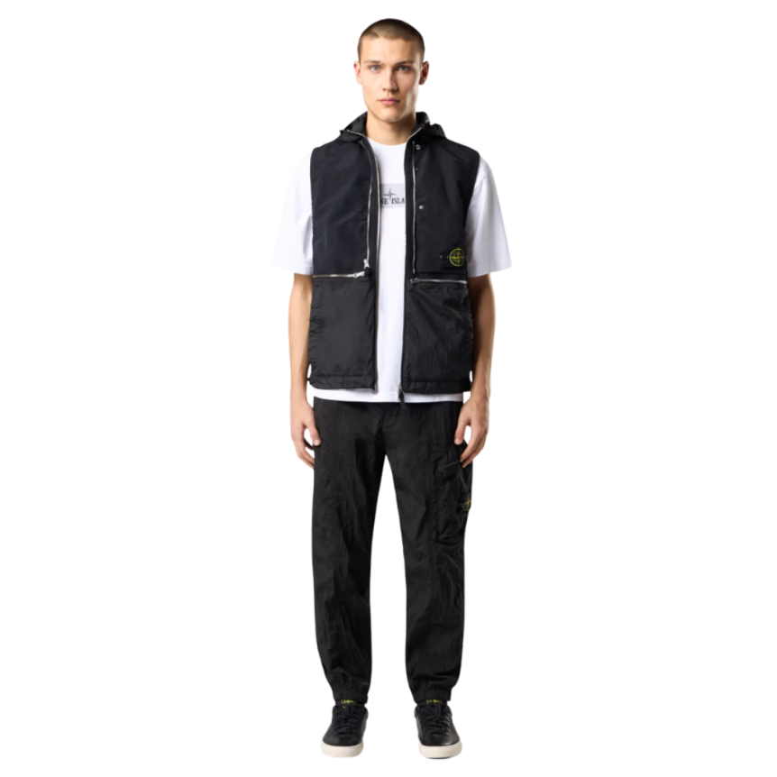 Blouson gilet capuche STONE ISLAND nylon noir métal Econyl® zip argent