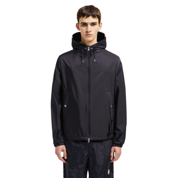 Veste MONCLER Grimpeurs zippée capuche nylon bleu marine liseret tricolore