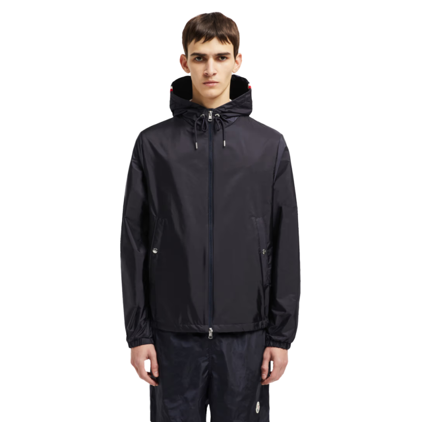 Veste MONCLER Grimpeurs zippée capuche nylon bleu marine liseret tricolore