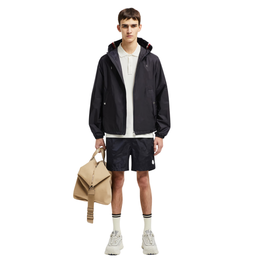 Veste MONCLER Grimpeurs zippée capuche nylon bleu marine liseret tricolore