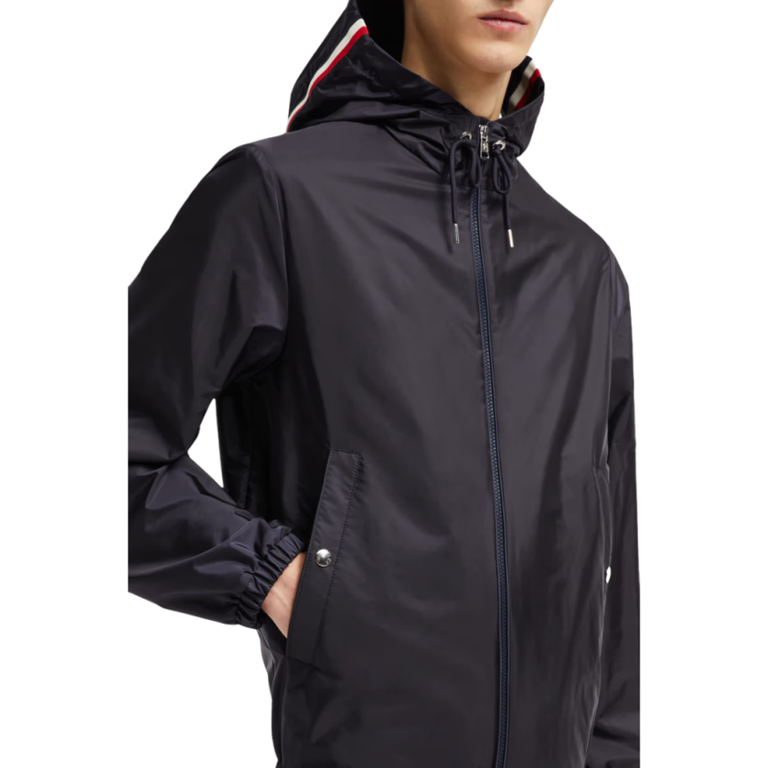 Veste MONCLER Grimpeurs zippée capuche nylon bleu marine liseret tricolore