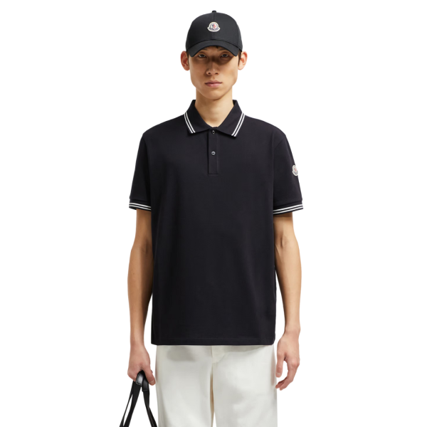 Polo manche courte MONCLER piqué coton bleu marine col blanc broderie logo