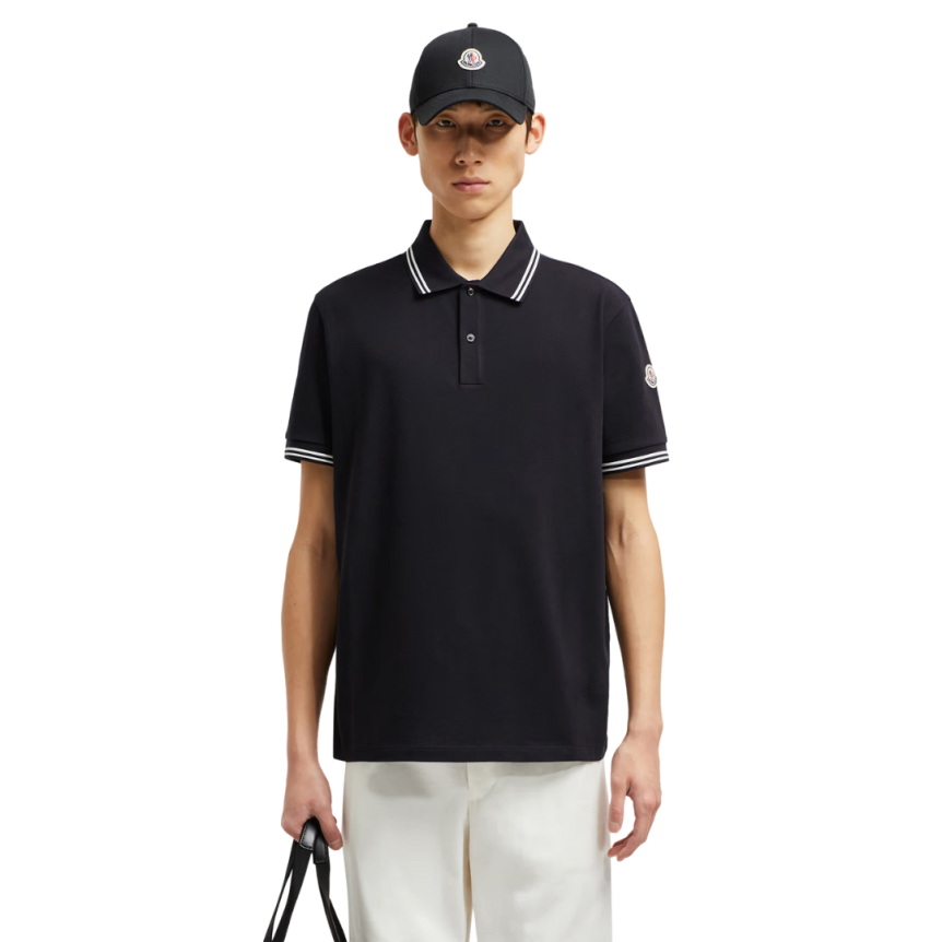 Polo manche courte MONCLER piqué coton bleu marine col blanc broderie logo