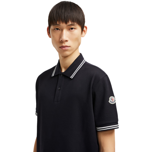 Polo manche courte MONCLER piqué coton bleu marine col blanc broderie logo