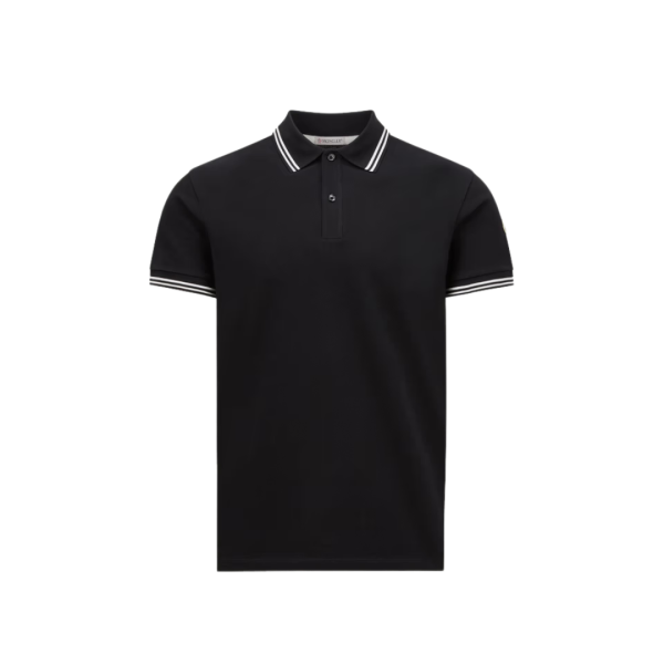Polo manche courte MONCLER piqué coton bleu marine col blanc broderie logo