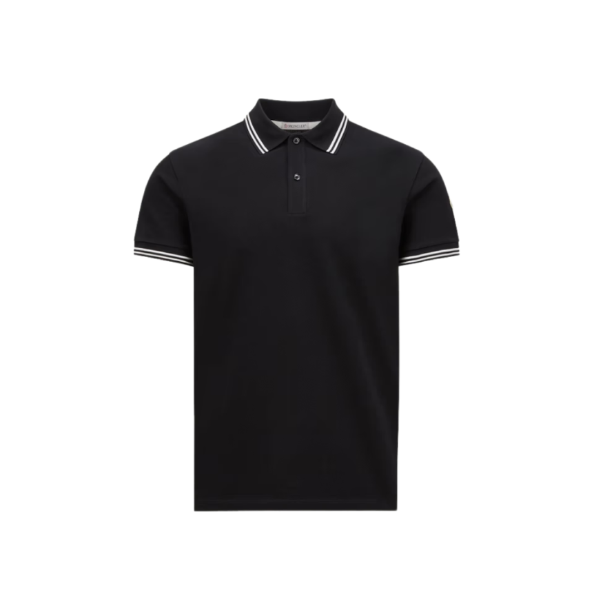Polo manche courte MONCLER piqué coton bleu marine col blanc broderie logo
