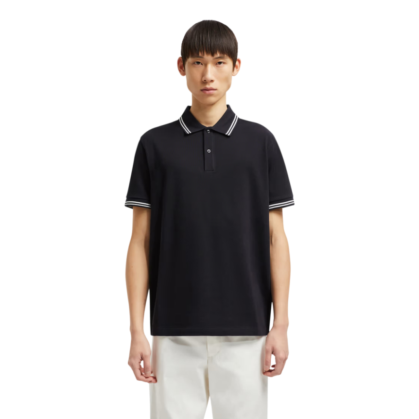 Polo manche courte MONCLER piqué coton bleu marine col blanc broderie logo